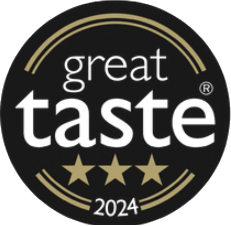 Great Taste 2024 award logo with gold stars on a black background
